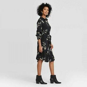 NWT Medium Black Floral Long Sleeve Midi Shirt Dress - A New Day